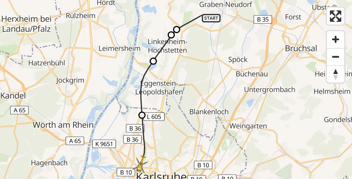 Flugroute Ambulanzhubschrauber Graben-Neudorf - Karlsruhe, 03 Juni 2026, 15:12