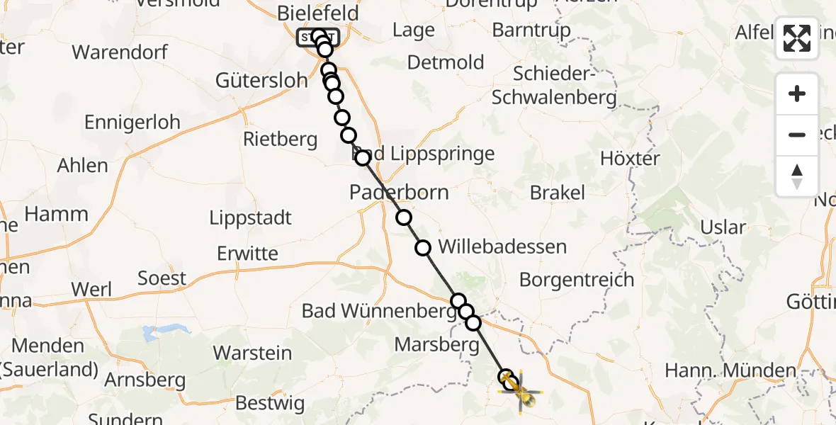 Flugroute Rettungshubschrauber Luftrettungszentrum Bielefeld - Bad Arolsen, 03 Juni 2026, 15:17