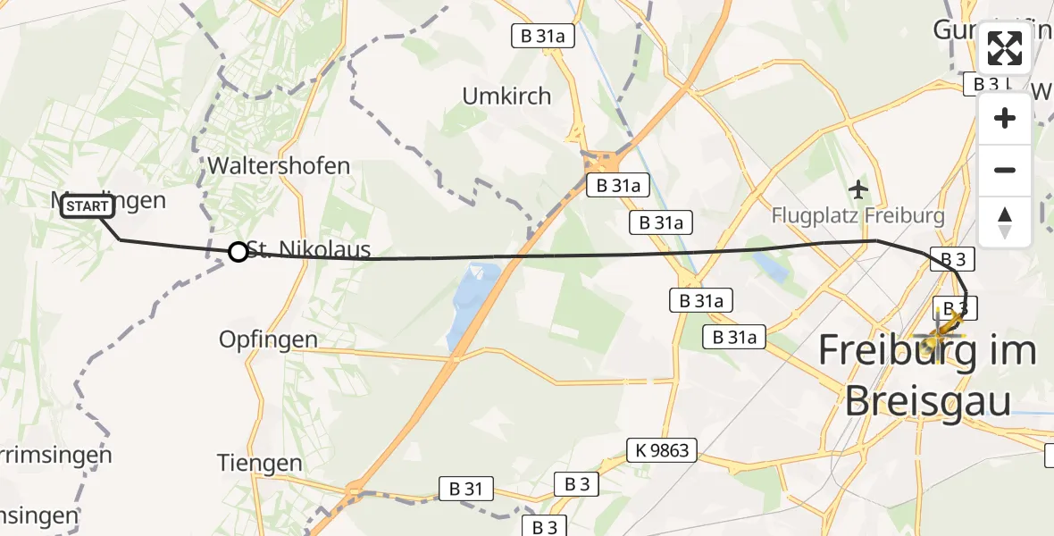 Flugroute Rettungshubschrauber Merdingen - Freiburg im Breisgau, 03 Juni 2026, 15:21