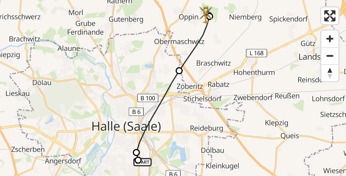 Flugroute Rettungshubschrauber BG Hospital Bergmannstrost Halle - Halle-Oppin Flugplatz, 03 Juni 2026, 15:23