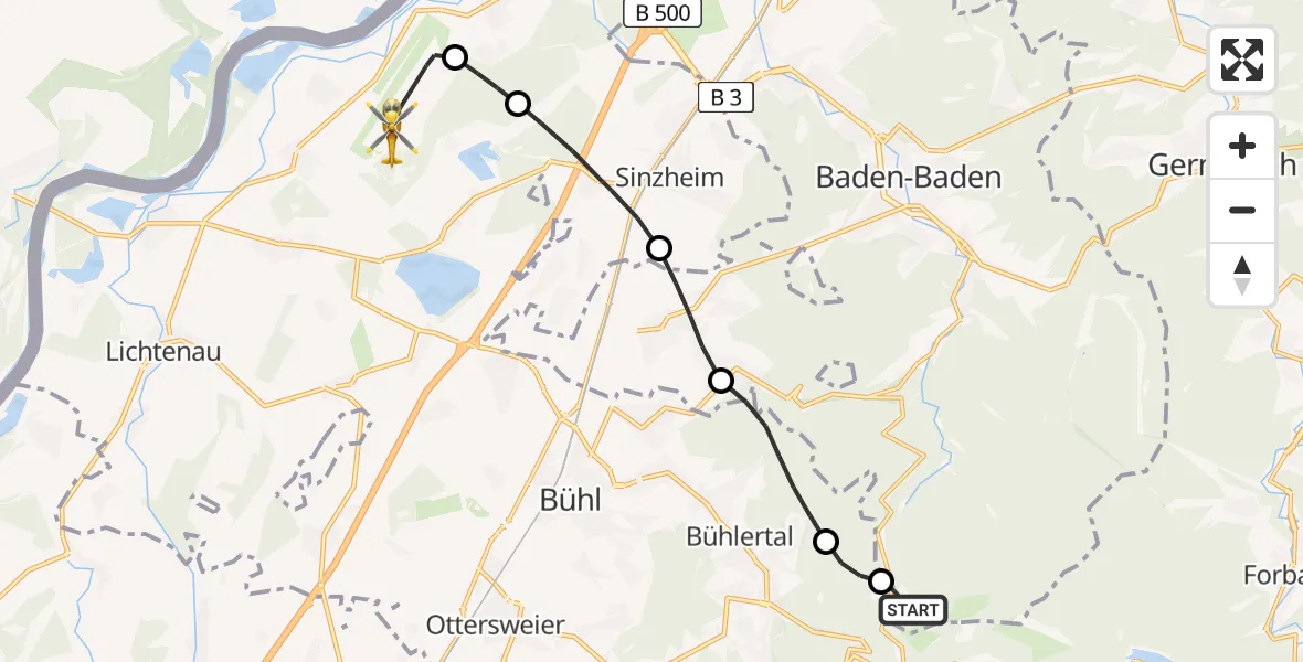 Flugroute Ambulanzhubschrauber Baden-Baden - Karlsruhe Baden-Baden Flughafen, 03 Juni 2026, 15:26