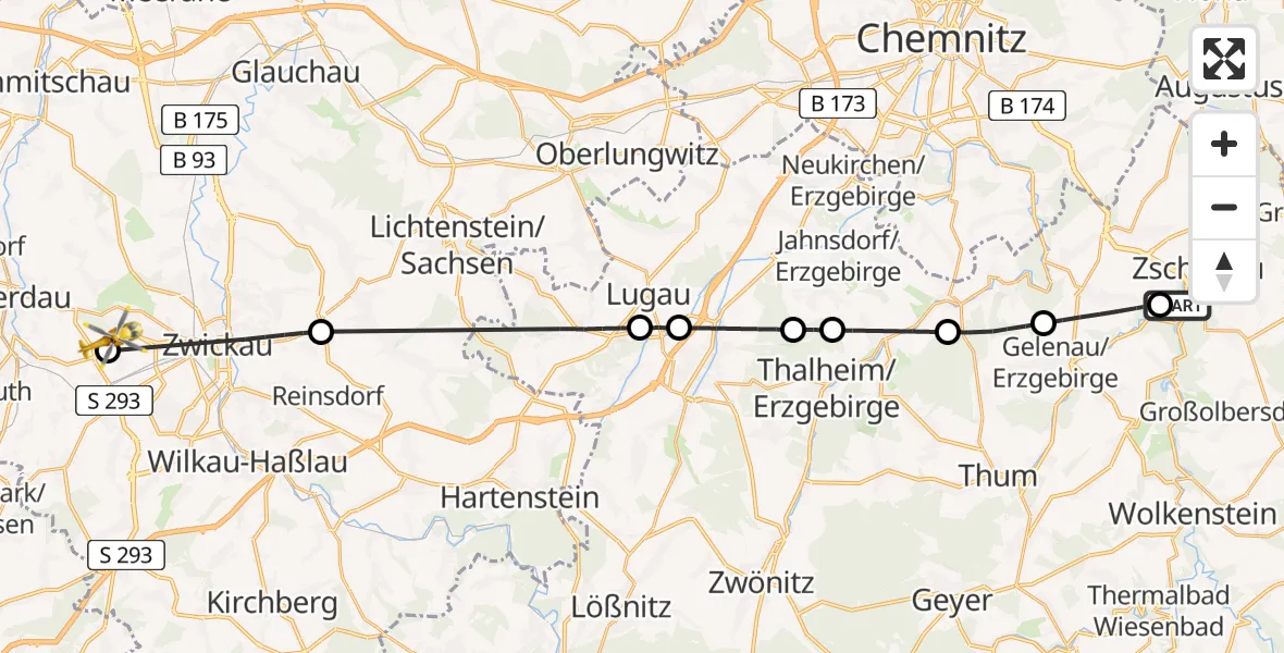 Flugroute Rettungshubschrauber Zschopau - ADAC Air Rescue Station Zwickau Hubschrauberlandeplatz, 03 Juni 2026, 15:28