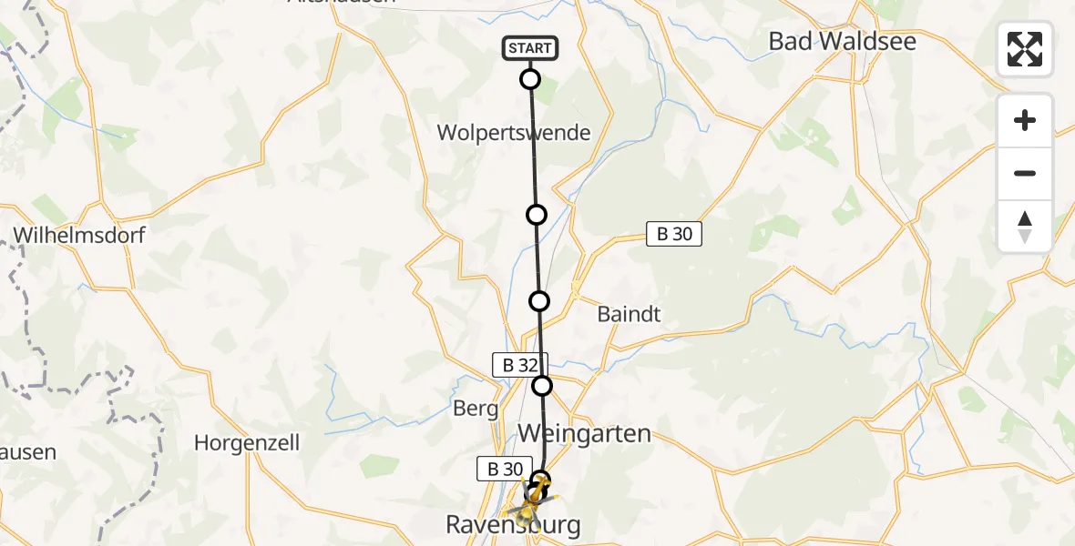 Flugroute Rettungshubschrauber Aulendorf - Sankt Elisabeth Hospital, 03 Juni 2026, 15:31