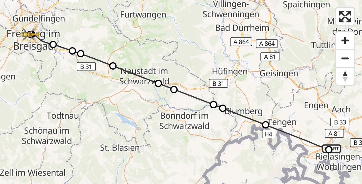 Flugroute Ambulanzhubschrauber Singen (Hohentwiel) - Freiburg University Hospital Heliport 1, 03 Juni 2026, 15:31