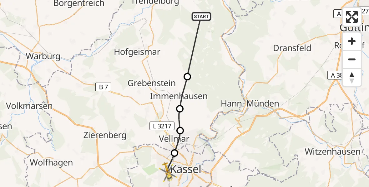 Flugroute Rettungshubschrauber Hofgeismar - Kassel, 03 Juni 2026, 15:39