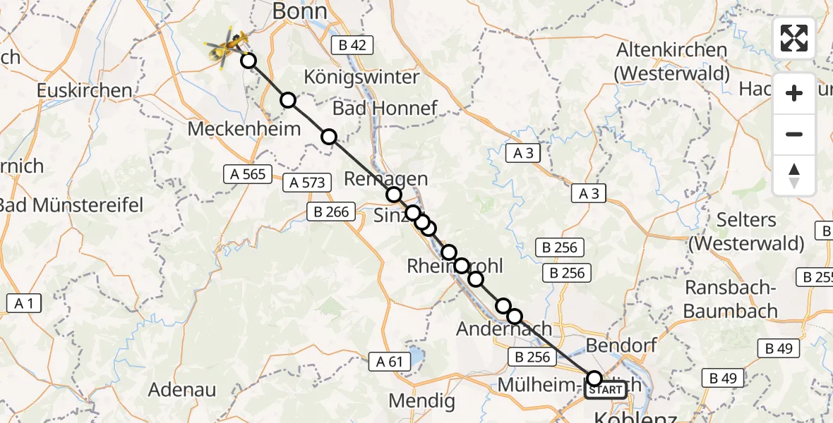 Flugroute Rettungshubschrauber Koblenz - Alfter, 03 Juni 2026, 15:39