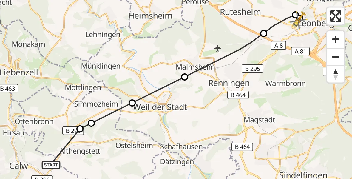 Flugroute Rettungshubschrauber Calw - Leonberg Hospital, 03 Juni 2026, 15:40