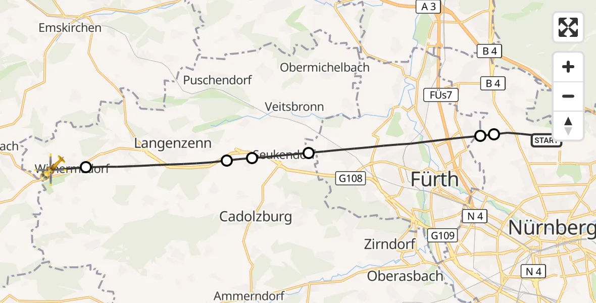 Flugroute Ambulanzhubschrauber Flughafen Nuremberg - Wilhermsdorf, 03 Juni 2026, 15:48