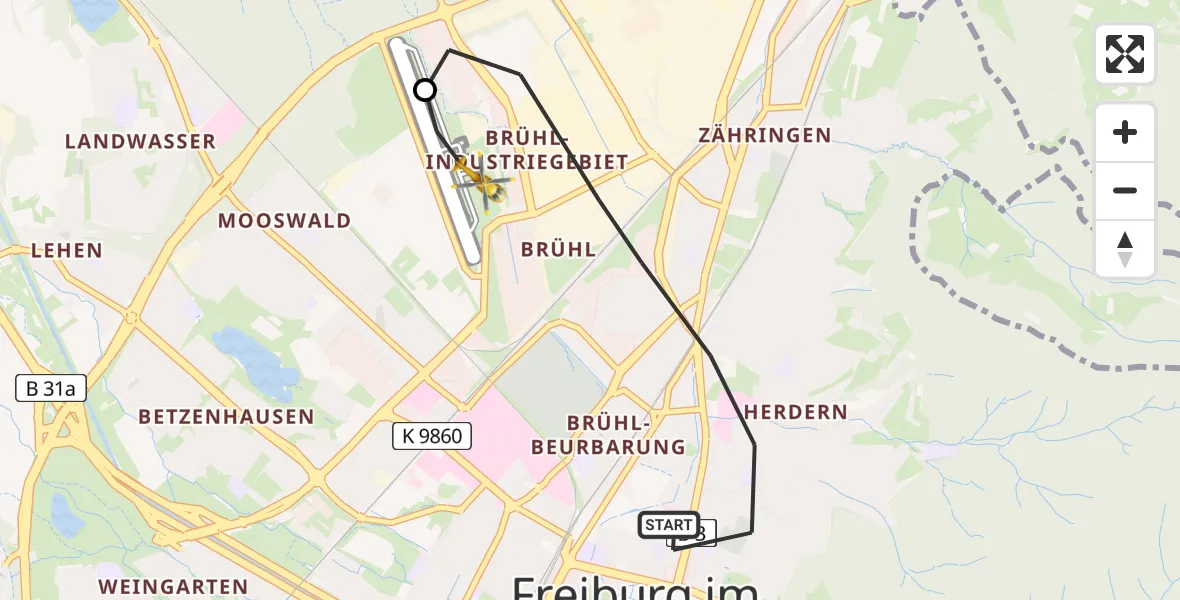 Flugroute Rettungshubschrauber Freiburg im Breisgau - Freiburg im Breisgau Flugplatz, 03 Juni 2026, 15:56