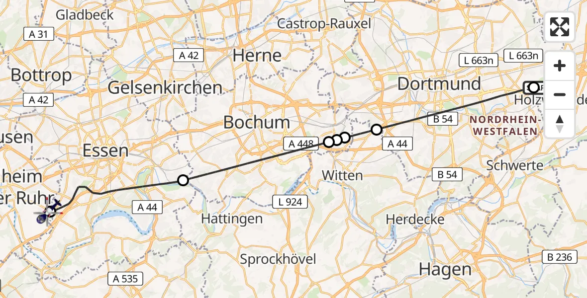 Flugroute Polizeihubschrauber Dortmund Flughafen - Mülheim an der Ruhr, 03 Juni 2026, 15:59