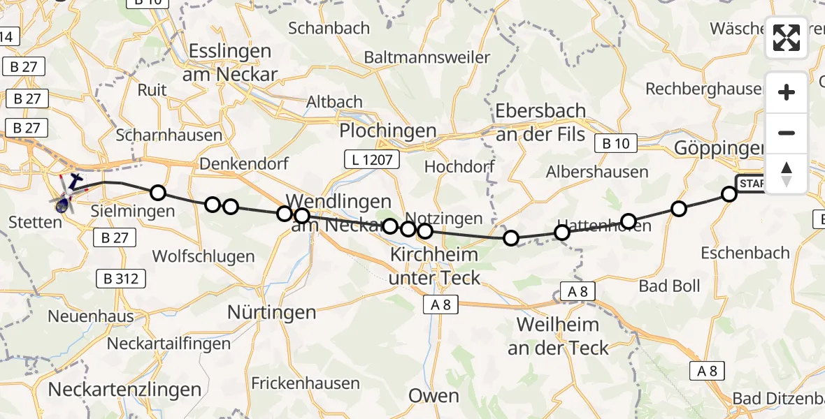 Flugroute Polizeihubschrauber Göppingen - Flughafen Stuttgart, 03 Juni 2026, 16:02
