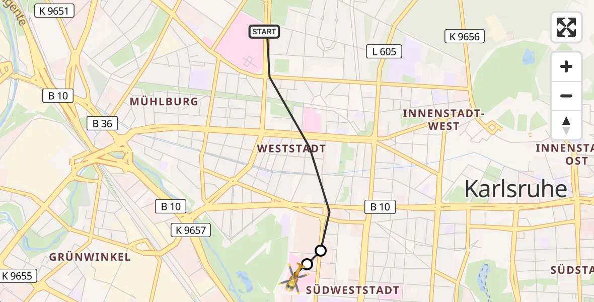 Flugroute Ambulanzhubschrauber Karlsruhe - Sankt Vincentius Hospital, 03 Juni 2026, 16:07