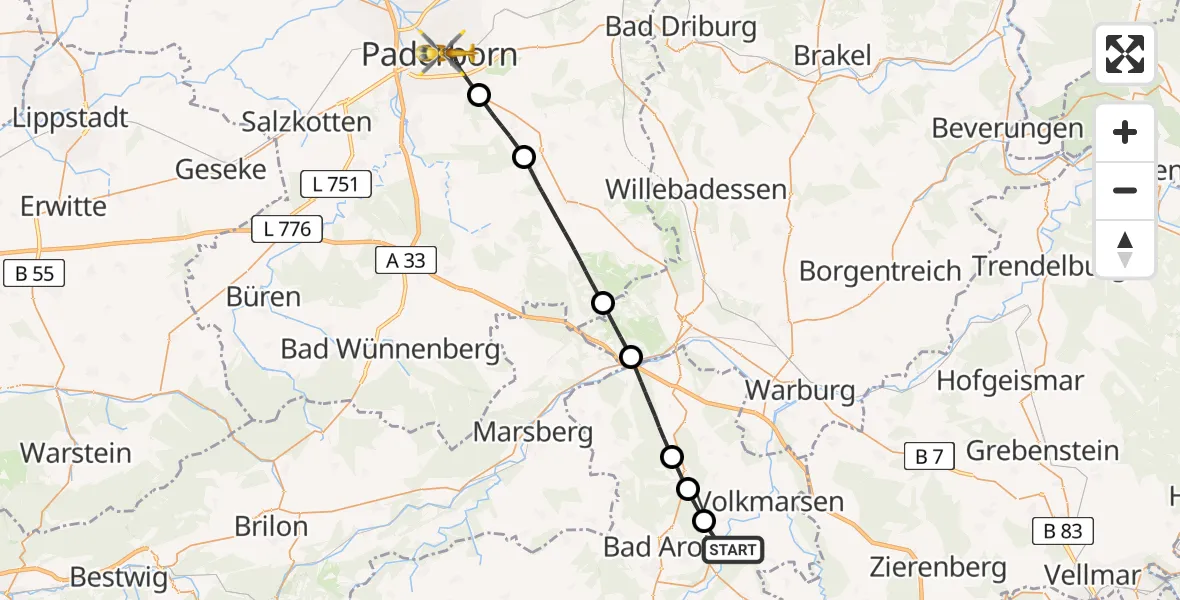 Flugroute Rettungshubschrauber Bad Arolsen - Paderborn, 03 Juni 2026, 16:09