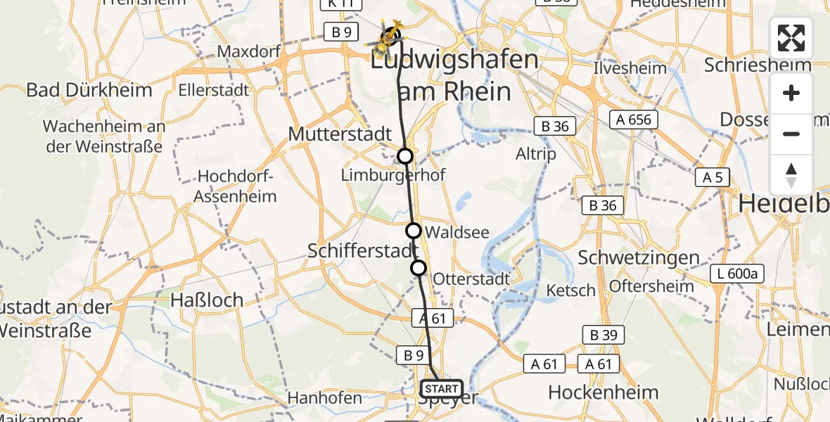 Flugroute Rettungshubschrauber Speyer - Ludwigshafen Accident Hospital, 03 Juni 2026, 16:09