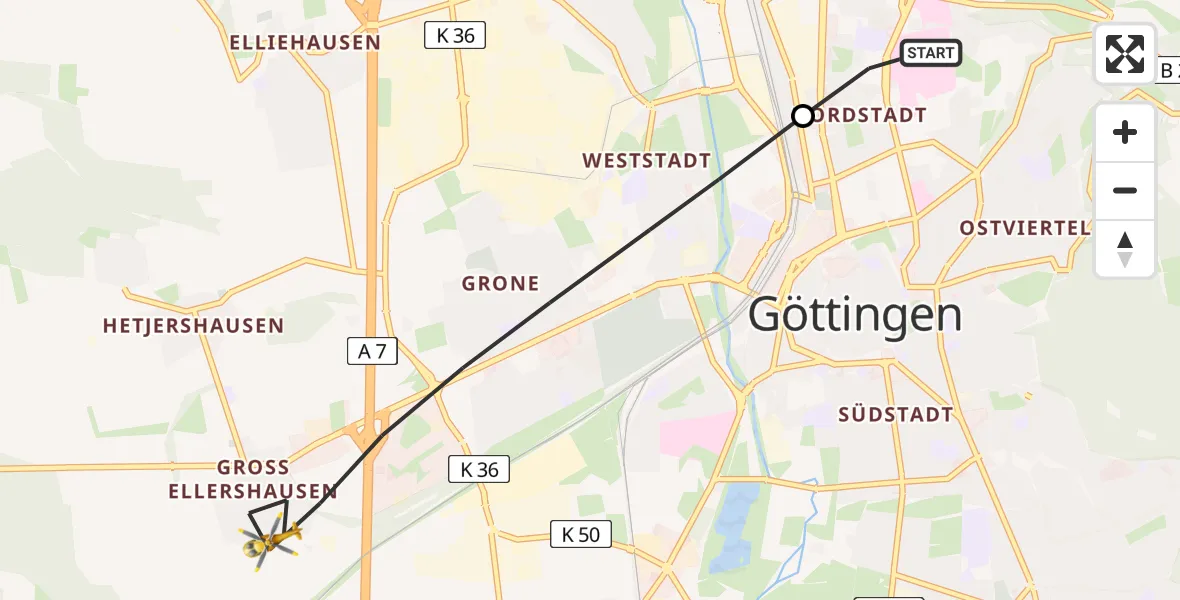 Flugroute Rettungshubschrauber Göttingen University Clinic Hubschrauberlandeplatz - Göttingen, 03 Juni 2026, 16:28