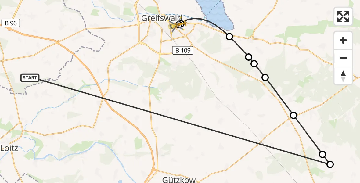 Flugroute Rettungshubschrauber Süderholz - Greifswald Hospital, 03 Juni 2026, 16:29