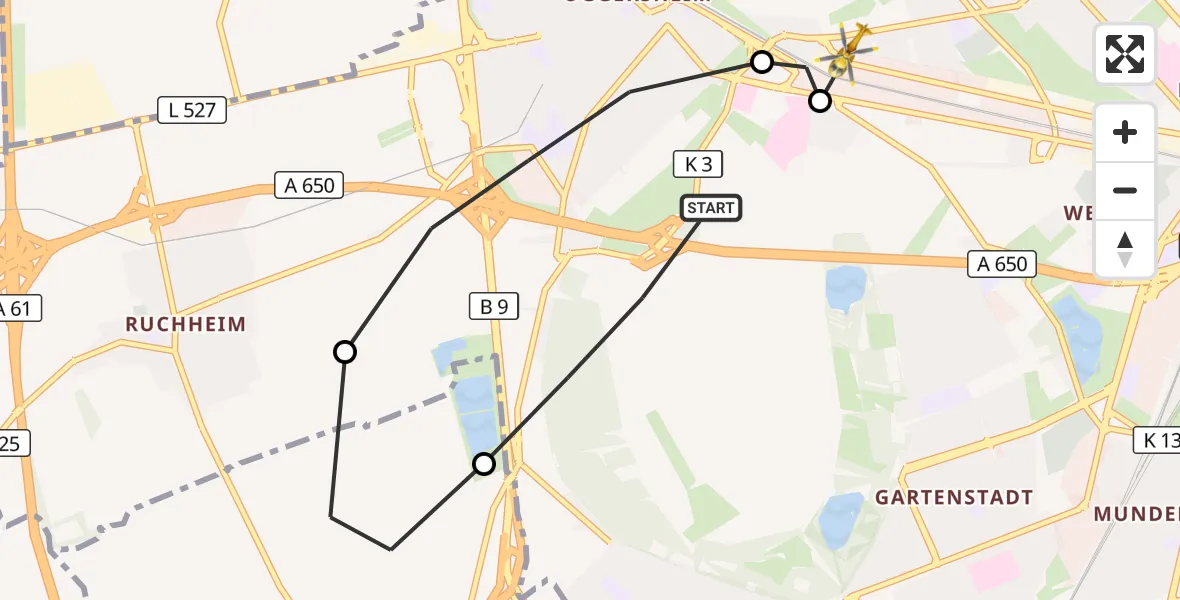 Flugroute Rettungshubschrauber Ludwigshafen am Rhein - Ludwigshafen am Rhein, 03 Juni 2026, 16:33