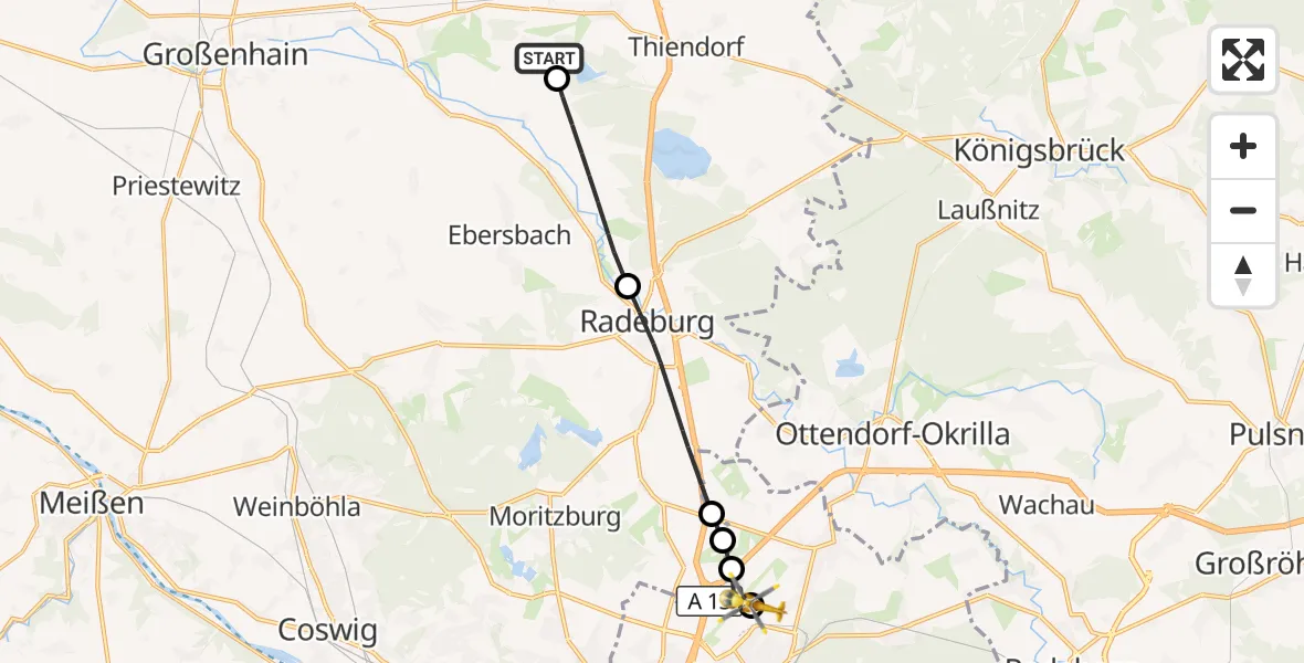 Flugroute Rettungshubschrauber Schönfeld - Dresden Bundespolizei Hubschrauberlandeplatz, 03 Juni 2026, 16:34