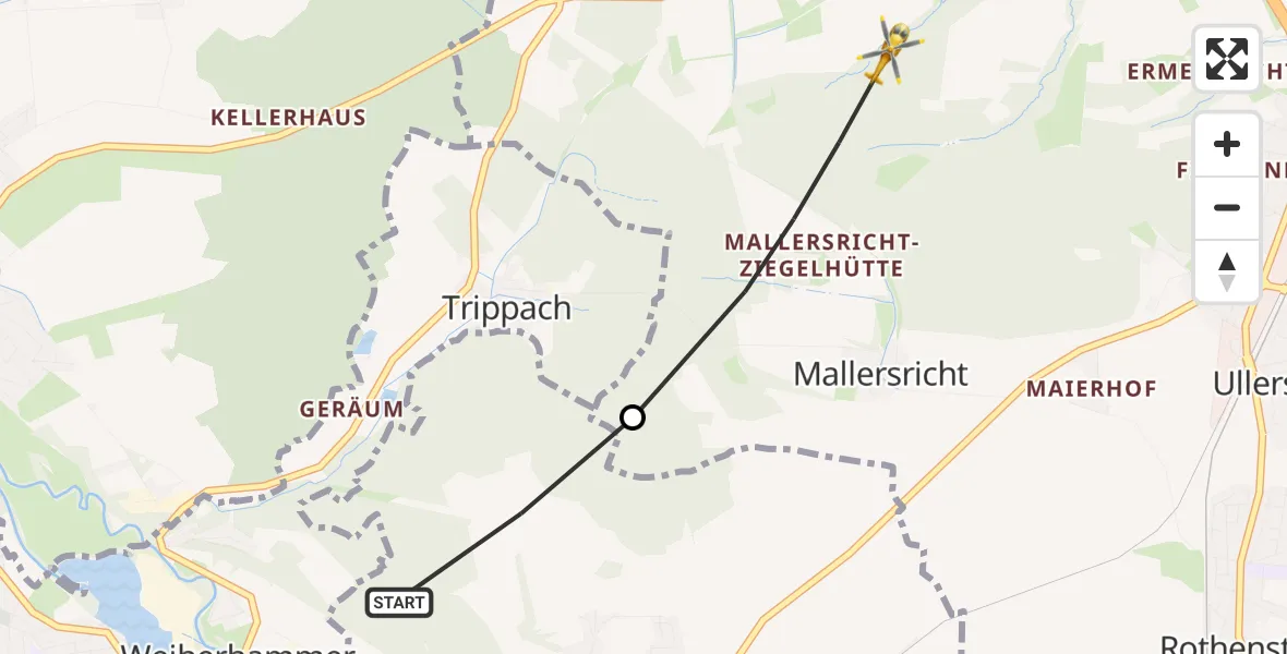 Flugroute Rettungshubschrauber Etzenricht - Weiden i.d.OPf., 03 Juni 2026, 16:35