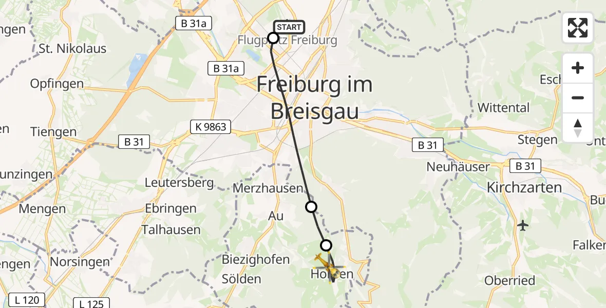 Flugroute Rettungshubschrauber Freiburg im Breisgau Flugplatz - Horben, 03 Juni 2026, 16:36