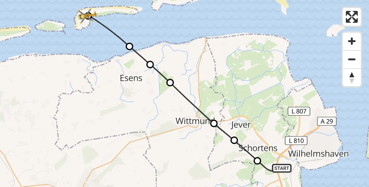 Flugroute Rettungshubschrauber Sande - Langeoog Flughafen, 03 Juni 2026, 16:36