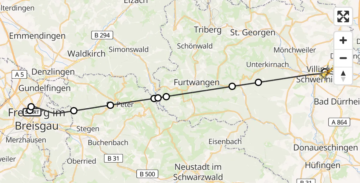 Flugroute Ambulanzhubschrauber Freiburg University Hospital Heliport 1 - DRF Air Rescue Station Villingen-Schwenningen Hubschrauberlandeplatz (Christoph 11), 03 Juni 2026, 16:37