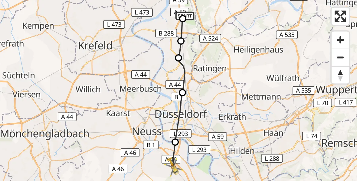 Flugroute Rettungshubschrauber Duisburg Air Rescue Hubschrauberlandeplatz (Christoph 9) - Neuss, 03 Juni 2026, 16:37