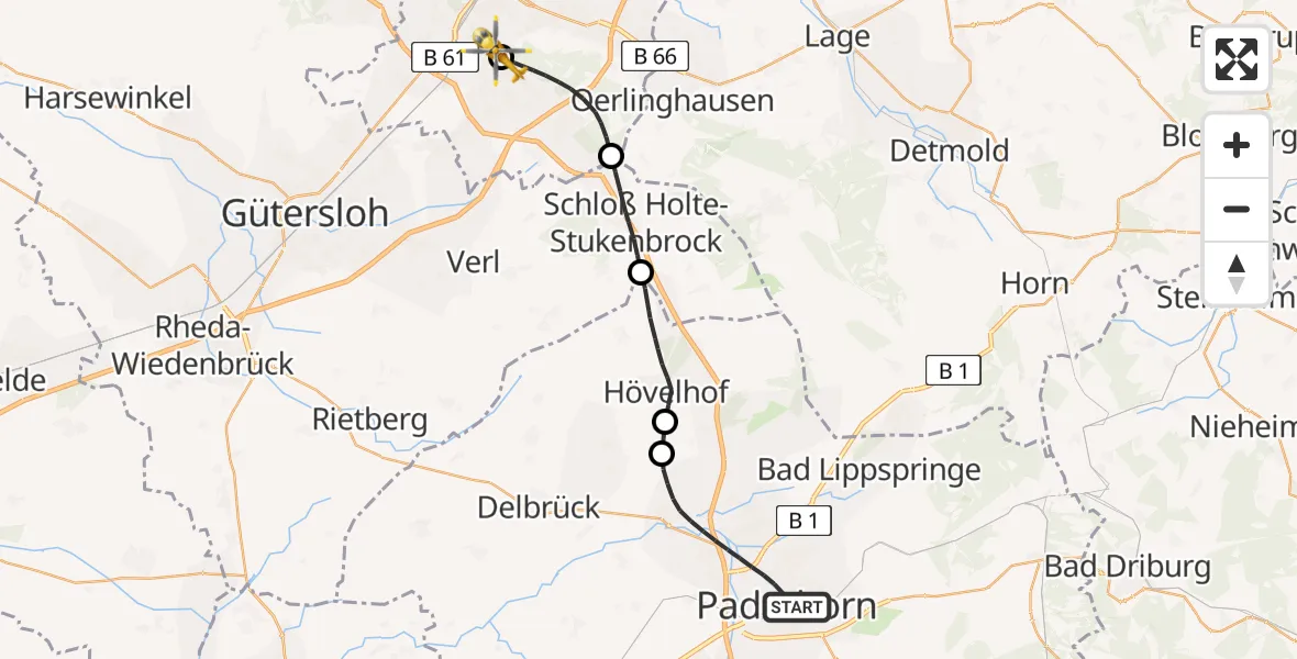 Flugroute Rettungshubschrauber Paderborn - Luftrettungszentrum Bielefeld, 03 Juni 2026, 16:49