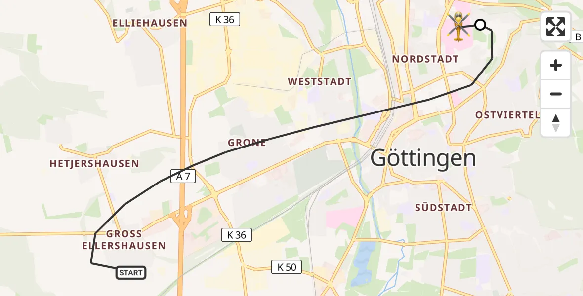 Flugroute Rettungshubschrauber Göttingen - Göttingen University Clinic Hubschrauberlandeplatz, 03 Juni 2026, 16:49