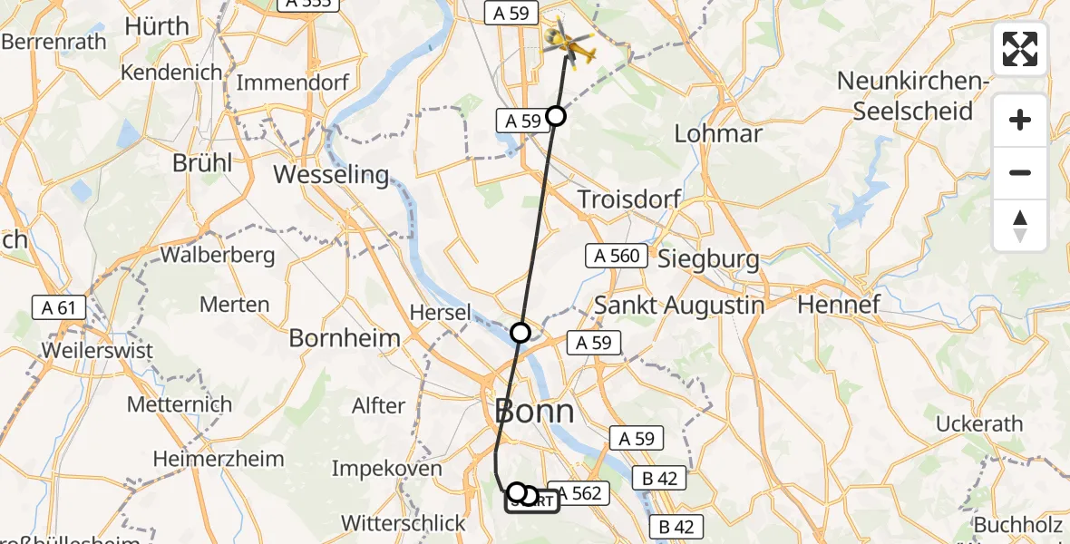 Flugroute Rettungshubschrauber Bonn University Hospital - Köln Bonn Flughafen, 03 Juni 2026, 16:50