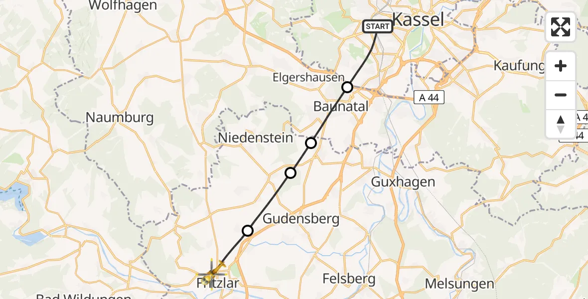 Flugroute Rettungshubschrauber Kassel - Fritzlar, 03 Juni 2026, 17:02