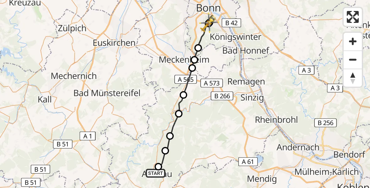 Flugroute Ambulanzhubschrauber Adenau - Bonn University Hospital, 03 Juni 2026, 17:10