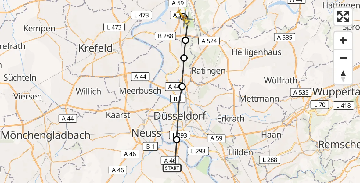 Flugroute Rettungshubschrauber Neuss - Duisburg Air Rescue Hubschrauberlandeplatz (Christoph 9), 03 Juni 2026, 17:11