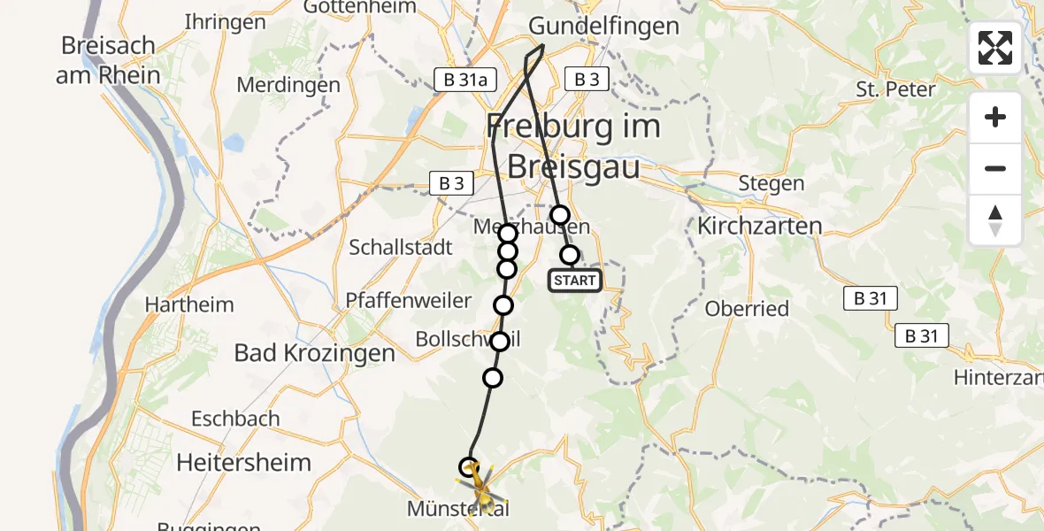Flugroute Rettungshubschrauber Horben - Münstertal/Schwarzwald, 03 Juni 2026, 17:14