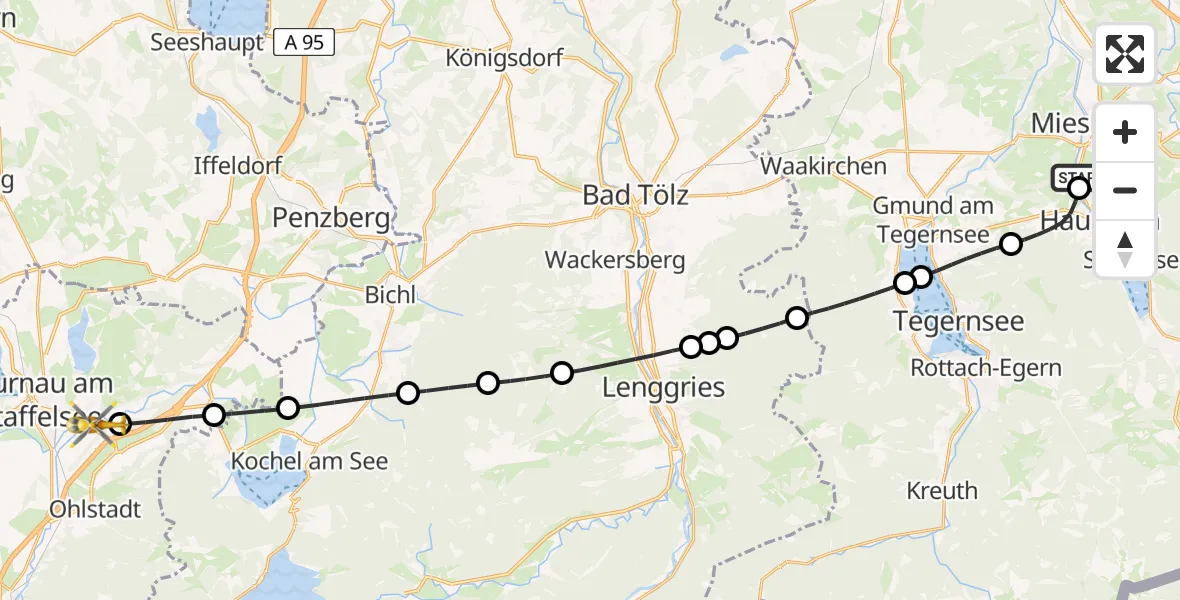 Flugroute Rettungshubschrauber Agatharied Hospital - Ohlstadt, 03 Juni 2026, 17:24