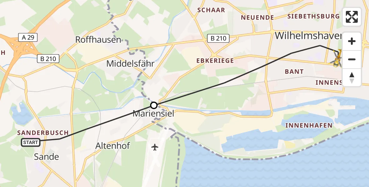Flugroute Rettungshubschrauber Sande - Wilhelmshaven, 03 Juni 2026, 17:45