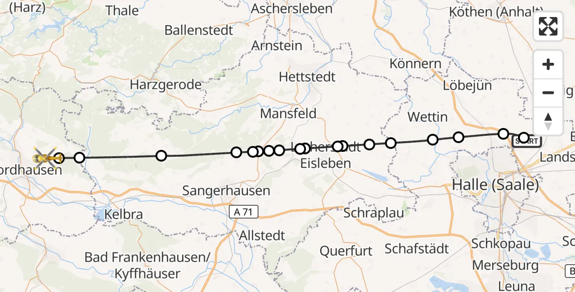 Flugroute Rettungshubschrauber Halle-Oppin Flugplatz - Nordhausen, 03 Juni 2026, 17:45