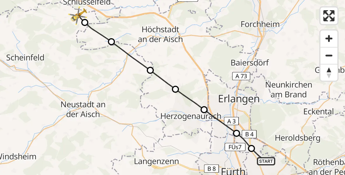 Flugroute Ambulanzhubschrauber Flughafen Nuremberg - Burghaslach, 03 Juni 2026, 17:48