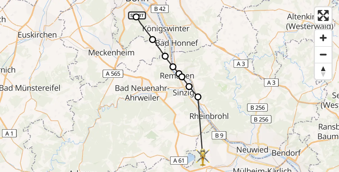 Flugroute Ambulanzhubschrauber Bonn University Hospital - Nickenich, 03 Juni 2026, 17:48