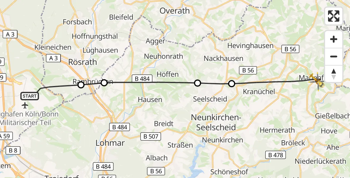 Flugroute Rettungshubschrauber Köln Bonn Flughafen - Much, 03 Juni 2026, 17:53
