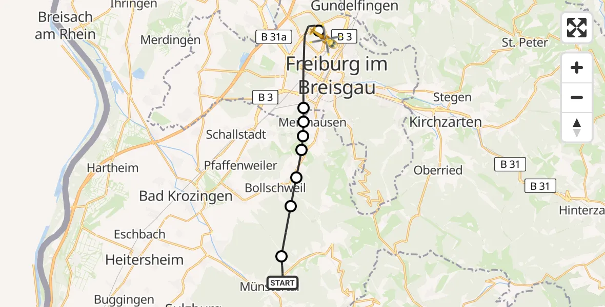 Flugroute Rettungshubschrauber Münstertal/Schwarzwald - Freiburg im Breisgau Flugplatz, 03 Juni 2026, 17:58