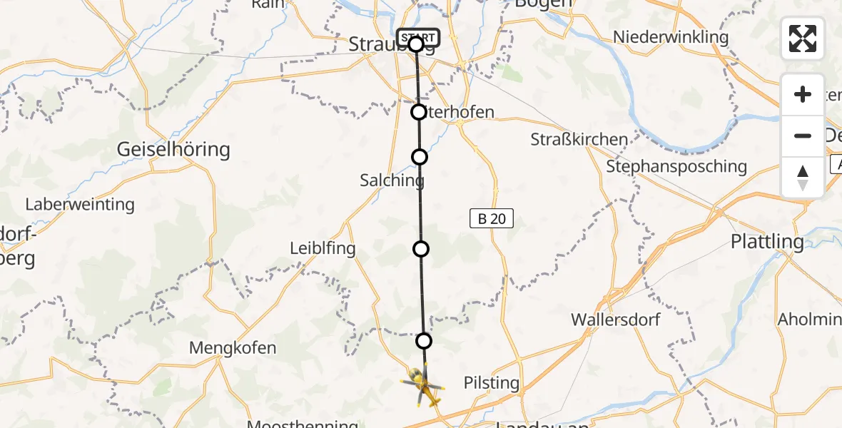Flugroute Rettungshubschrauber Sankt Elisabeth Hospital Straubing - Pilsting, 03 Juni 2026, 18:01