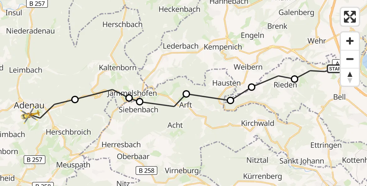 Flugroute Ambulanzhubschrauber Bell - Adenau, 03 Juni 2026, 18:02