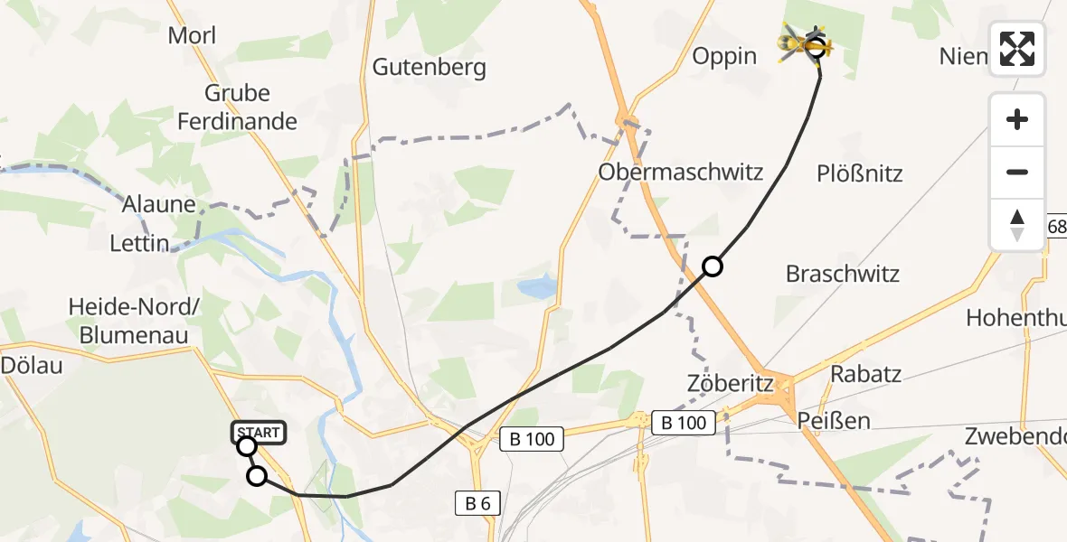 Flugroute Rettungshubschrauber Halle (Saale) University Hospital - Halle-Oppin Flugplatz, 03 Juni 2026, 18:09