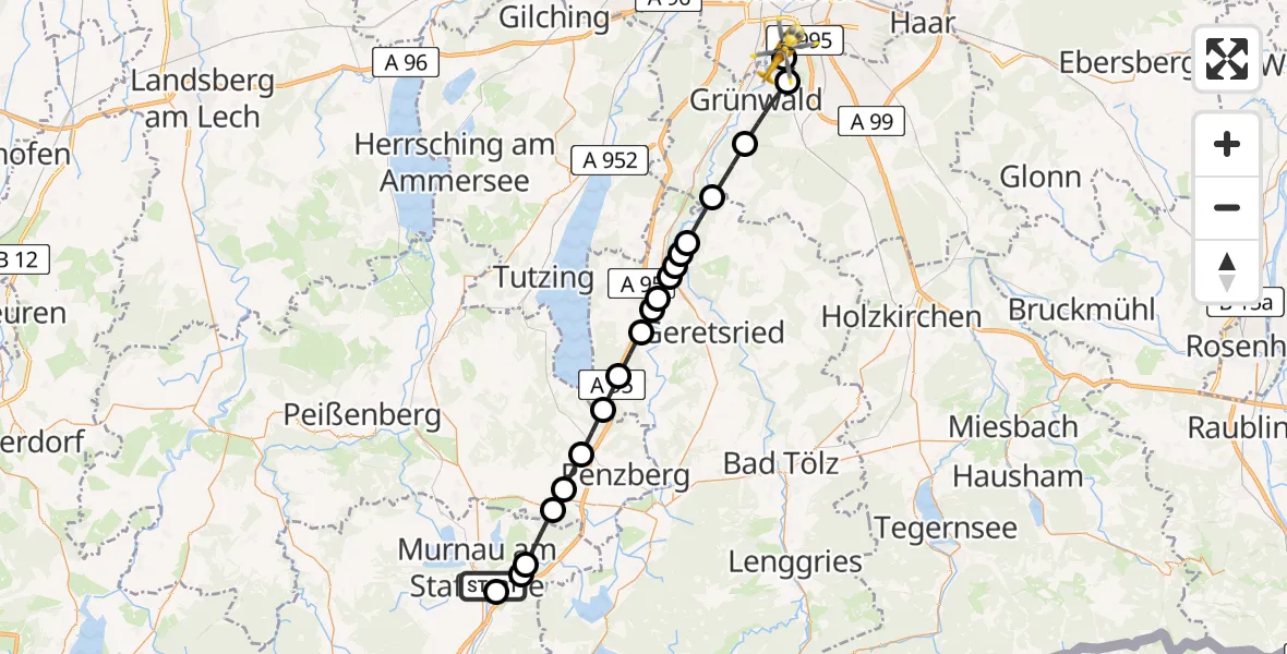 Flugroute Rettungshubschrauber Murnau a.Staffelsee - ADAC Air Rescue Center Hubschrauberlandeplatz (Christoph 1), 03 Juni 2026, 18:13