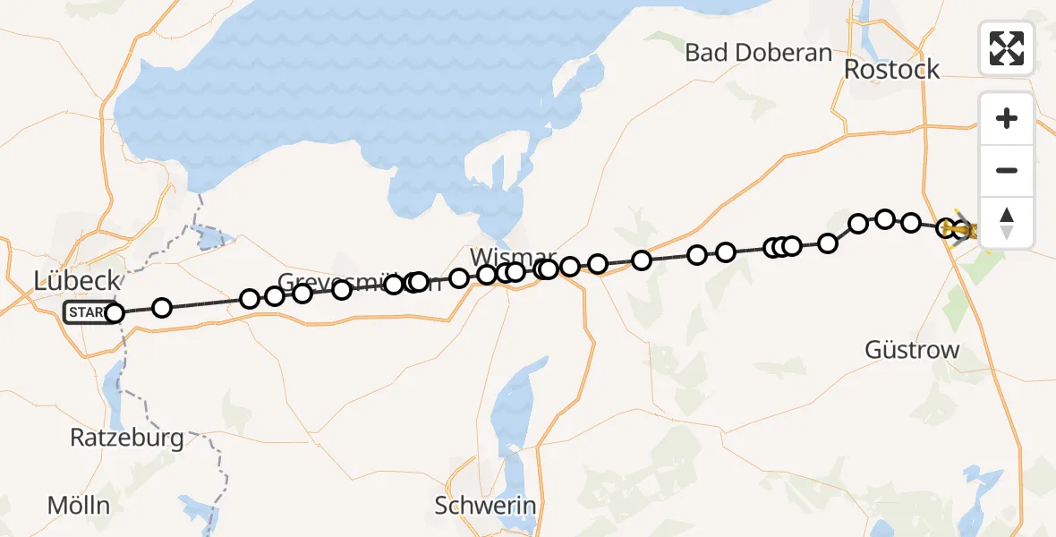 Flugroute Rettungshubschrauber Lübeck - Flughafen Rostock-Laage, 03 Juni 2026, 18:50