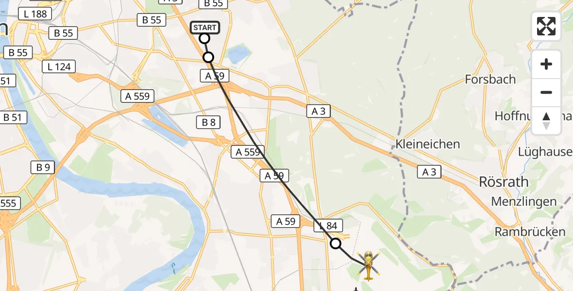 Flugroute Rettungshubschrauber Merheim Hospital - Köln Bonn Flughafen, 03 Juni 2026, 19:00
