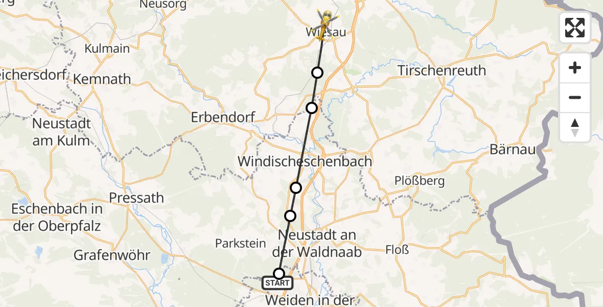 Flugroute Rettungshubschrauber Weiden i.d.OPf. - Wiesau, 03 Juni 2026, 19:06
