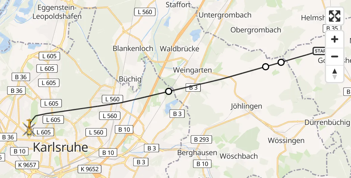 Flugroute Ambulanzhubschrauber Gondelsheim - Karlsruhe, 03 Juni 2026, 19:08