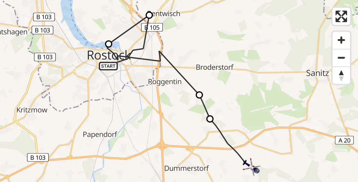 Flugroute Polizeihubschrauber Rostock - Dummerstorf, 03 Juni 2026, 19:26